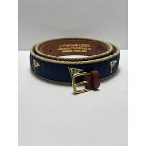 💥🏷️Leather Man Limited Belt 44 Navy Blue Palm Tree Pennant Ribbon Solid Brass